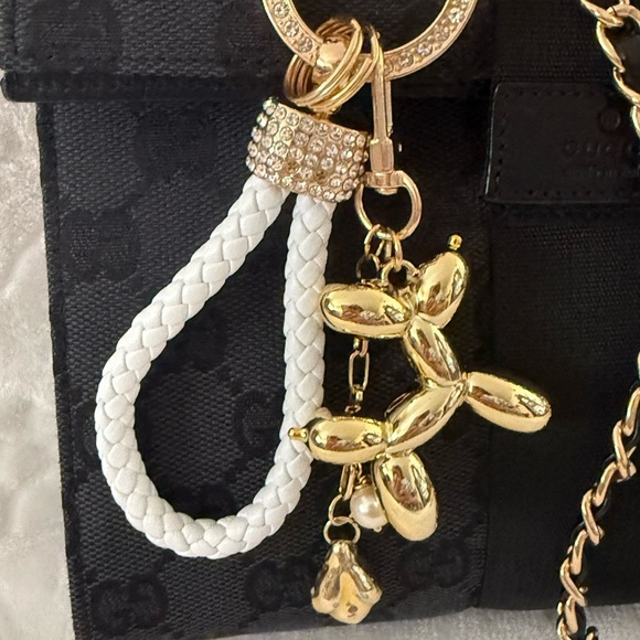 Handmade Accessories - White Wristlet Keychain w/Gold Balloon Dog, Pearl & Nugget Charms – Unique - NWT